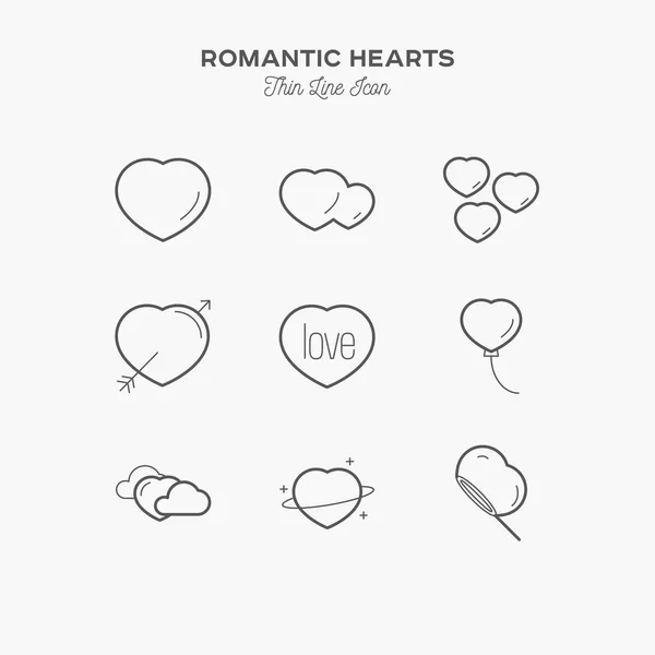 Hearts Romantic Valentines Day Thin Line Icons Set Vector Illustration — Stockový vektor