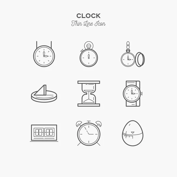 Zeit Und Uhren Werden Eingestellt Thin Line Kunstsymbole Flachbild Illustrationen — Stockvektor