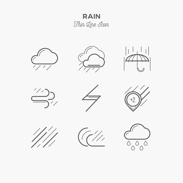 Regen Stortbui Meer Dunne Lijn Icons Set Vector Illustratie — Stockvector