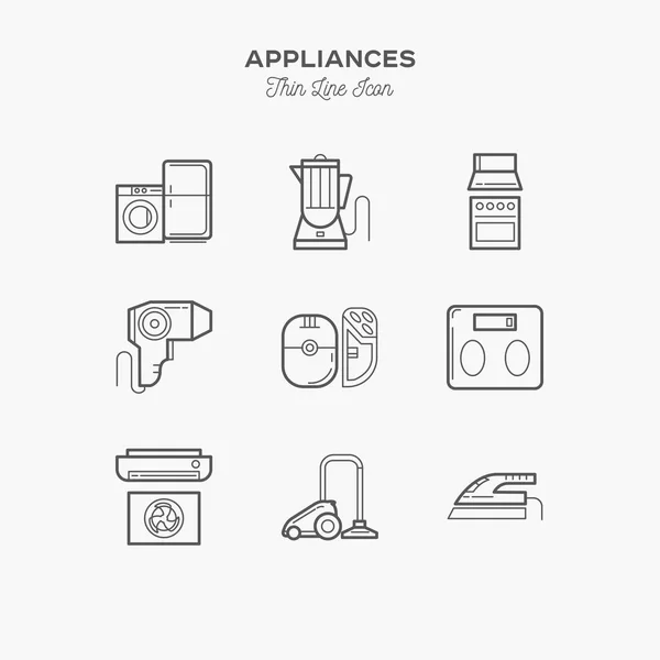 Gerätehaus Kühlschrank Mixer Klimaanlage Waschmaschine Backofen Dunstabzugshaube Thin Line Icons — Stockvektor