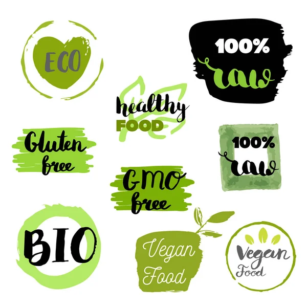 Healthy Food Icons Labels Organic Tags Natural Product Elements Logo — Stock Vector