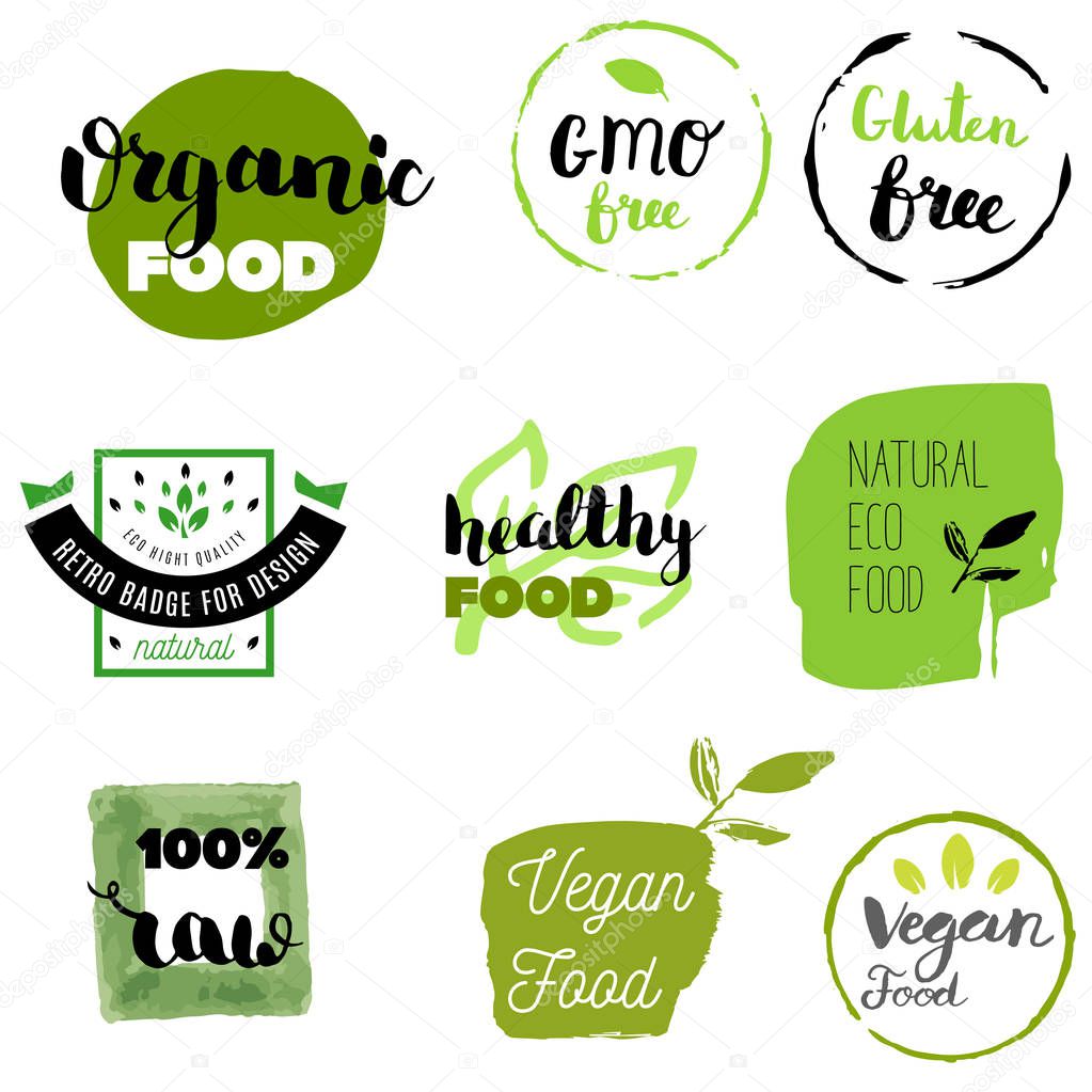 Healthy food icons, labels. Organic tags. Natural product elements. Logo for vegetarian restaurant menu. Raster illustration. Low fat stamp. Eco product.