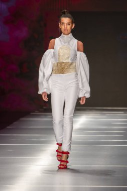Manken Miami Moda Enstitüsü göstermek Resort 2018 koleksiyonda Miami moda hafta 2017 Miami'de Buz Sarayı'nda 31 Mayıs 2018 üzerinde sırasında pist yürür