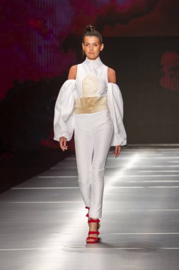 Manken Miami Moda Enstitüsü göstermek Resort 2018 koleksiyonda Miami moda hafta 2017 Miami'de Buz Sarayı'nda 31 Mayıs 2018 üzerinde sırasında pist yürür