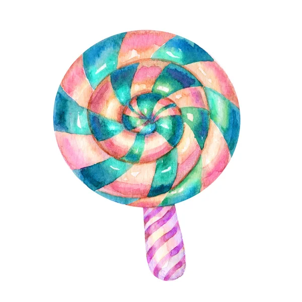 Turquoise Watercolor Lollipop Candy Illustrations Isolated White Background Hand Drawn — Stock Photo, Image