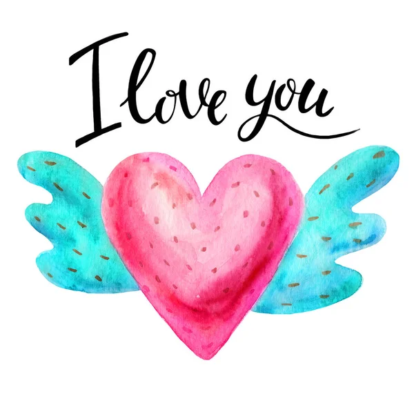 Colorful red heart with wings Illustrations isolated on white background. Hand drawn heart Image. I love you inscription lettering. Good for love card