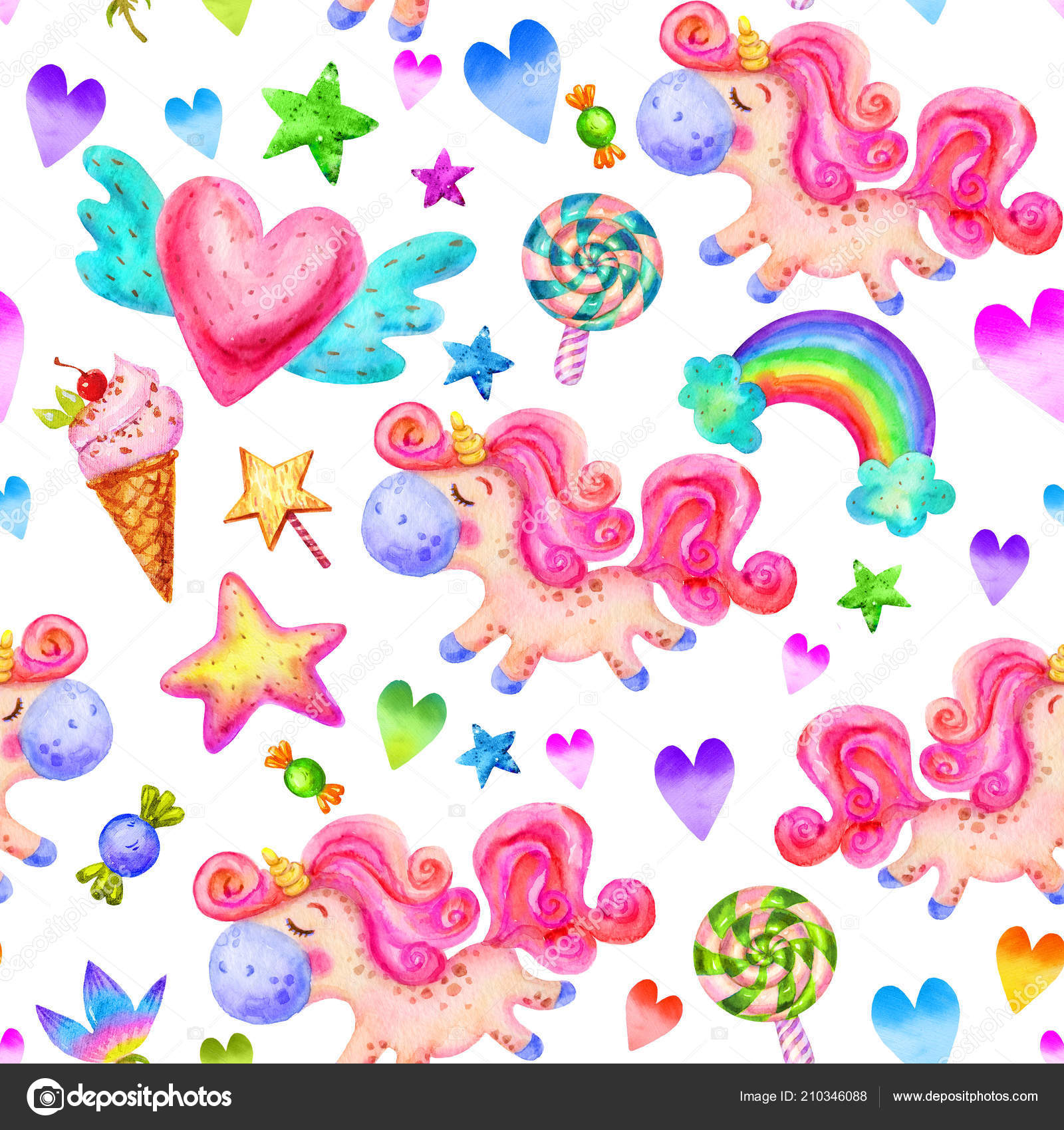 Padrão sem costura colorido com unicórnios, pirulitos, estrelas, flores,  arco-íris, corações em estilo infantil desenhos animados. Fundo aquarela  Fundo mágico com pequenos unicórnios . Ilustração de ©jumajeja #210346088, image size:1600x1700