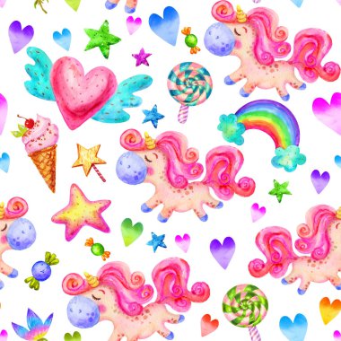 Tek boynuzlu atlar, lolipop, yıldız, çiçek, gökkuşağı, karikatür çocuksu tarzı kalbimizde ile renkli Seamless modeli. Suluboya arka plan küçük tek boynuzlu atlar ile Magic arka plan.