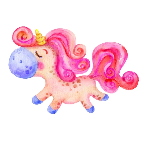 Acuarela pintura a mano mágica unicornio rosa en dibujos animados infantil stile. Dibujo a mano acuarela rosa unicornio icono de dibujos animados ilustración aislada sobre fondo blanco . — Foto de Stock