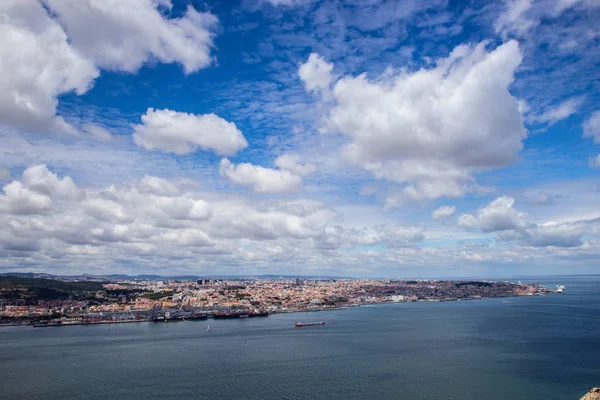 Aerial view of Lisbon city from opposite side of the river Tagus — Stock Photo, Image
