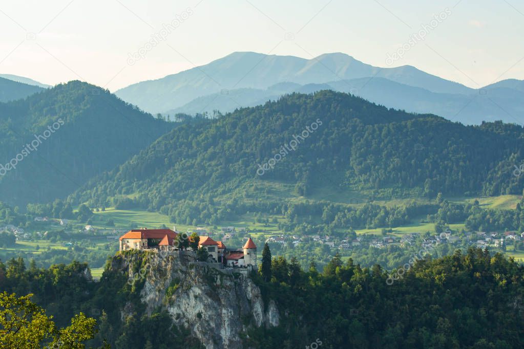 view of famous castle above the Bled Lake, Slovenia