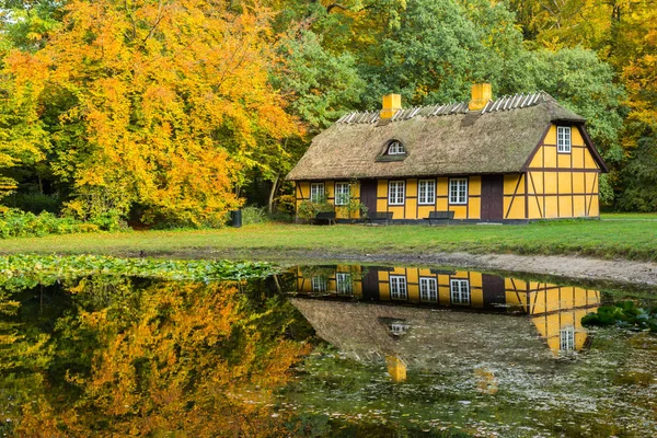 Starý napůl hrázděný dům s doškovou střechou v Charlottenlundu, Dánsko — Stock fotografie