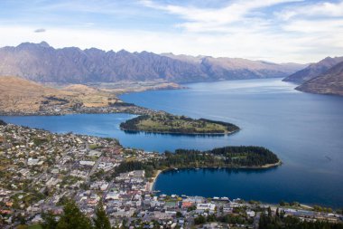Güzel Queenstown havadan görünümü, Otago, Yeni Zelanda