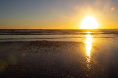Piha plajında gün batımı, North Island, Yeni Zelanda