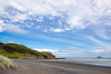 Muriwai Regional Park'ın panoramik manzarası, Yeni Zelanda