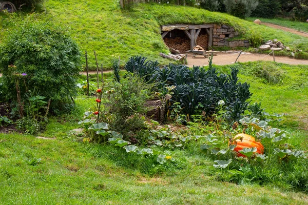 2017, 02 de maio, Nova Zelândia, Matamata, Hobbiton filme set - Porta da frente do buraco, Casa de hobbit — Fotografia de Stock