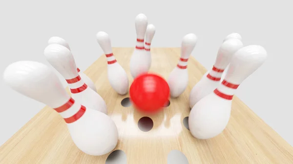 Bowlingschlag Rote Kugel Schlägt Kegelnadeln — Stockfoto