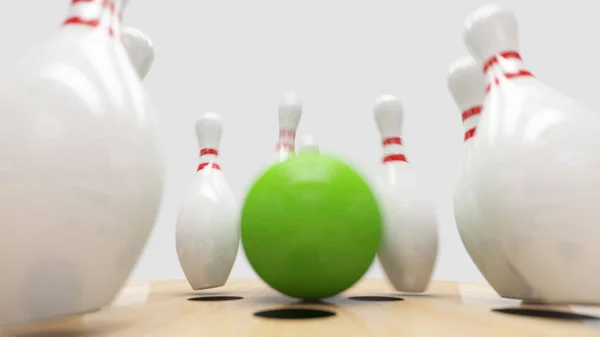 Bowling Strike Palla Verde Abbatte Birilli Bowling — Foto Stock