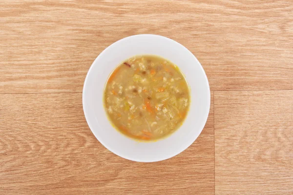 Soupe Aux Pâtes Légumes Sur Une Table Bois — Photo