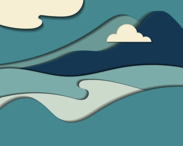 Oceaan Bergen Met Wolken Levendige Veelkleurige Papier Snijden Abstracte Moderne — Stockvector