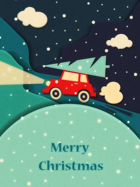 Red Car Christmas Tree Merry Christmas Background — Stock Photo, Image