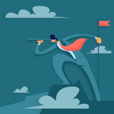 İşadamı bir dağın tepesinde bir teleskop görünüyor. İş başarı kavramı. Düz stil vektör çizim