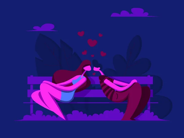 愛のカップルの公園のベンチでキスします 愛の物語 幸せのバレンタイン カード フラット スタイルのベクトル図 — ストックベクタ