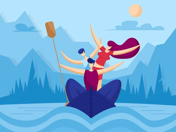 Joyeux Kayak Familial Concept Sportif Illustration Vectorielle Style Plat — Image vectorielle