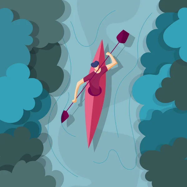 男はカヤックで川に浮かんでいます 川のカヤック カヤックでのラフティング フラット スタイルのベクトル図 — ストックベクタ