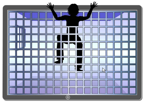 Bilgisayar Bağımlılığı Aşmak Elektronik Cihazlara Bağımlısı Kadın Takıntısı Kaçmaya Çalışıyor — Stok fotoğraf