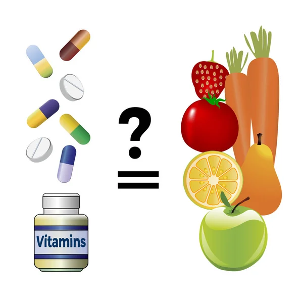 食物或补充剂中的营养成分 维生素丸可以取代水果和蔬菜在日常饮食 — 图库照片