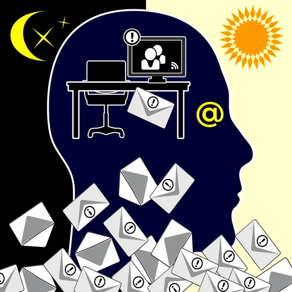 電子メールの積み過ぎ 不眠症 毎日大量の仕事でコンピューター メッセージによる睡眠障害 — ストック写真