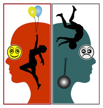 Symptoms of bipolar disorder. Woman between abnormally elevated mood and deep depression. clipart