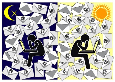 Günde 24 saat e-postalar. Gün ve geceye kadar metin mesajları alan kişi