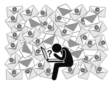 Açık sorular ile birçok e-postalar. Ofis kişi iş yerinde günlük mesajların çok sayıda tarafından karışık olur