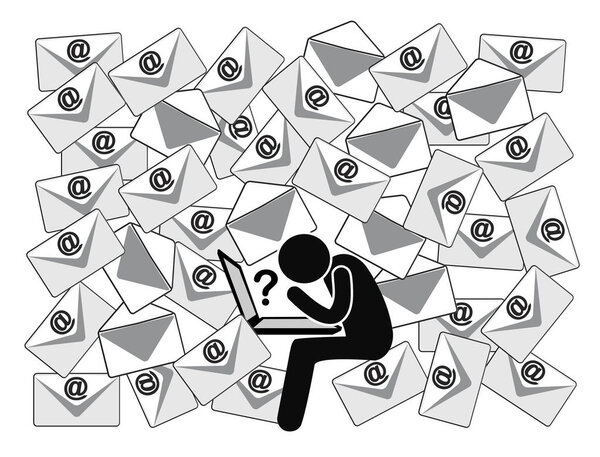 Много писем с открытыми вопросами. Офисный человек путается с огромным количеством ежедневных сообщений на работе

