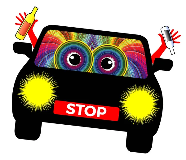 Přestaň Řídit Opilý Karikatura Poškozeného Řidiče Alkoholem Ztrácí Kontrolu — Stock fotografie