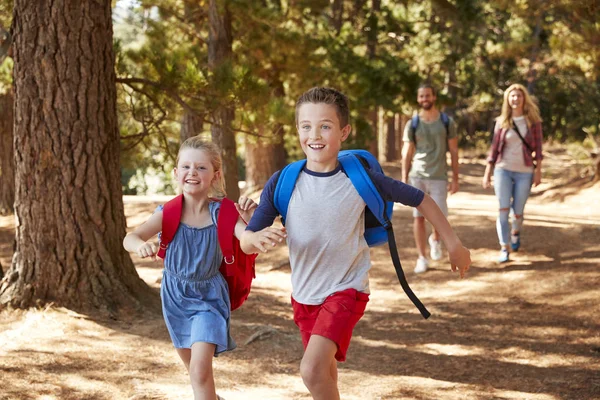 Crianças Que Correm Frente Dos Pais Aventura Caminhada Familiar — Fotografia de Stock