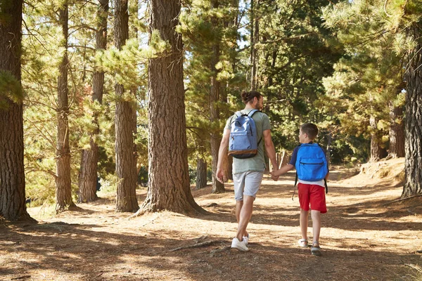 Rear View Father Son Hiking Adventure Forest — Stock Photo, Image