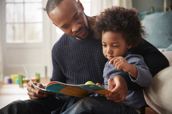 Père Jeune Fils Lisant Ensemble Livre Maison — Photo