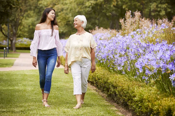 Senior Mor Med Voksen Datter Vandretur Parken - Stock-foto