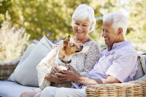庭で犬と一緒に座っている幸せな先輩カップル — ストック写真