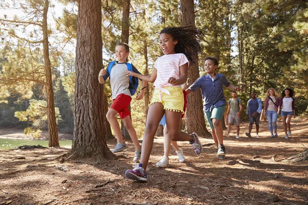 Lapset Juoksevat Edellä Vanhempien Perheen Vaellus Seikkailu — kuvapankkivalokuva