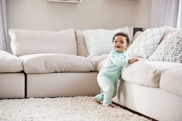 Happy Mixed Race Toddler Boy Playing Sitting Room — Stock Photo, Image