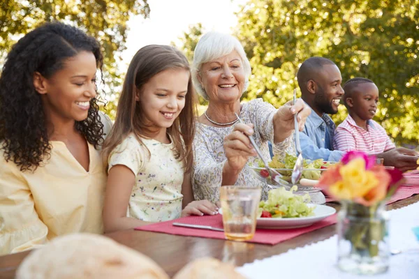 Οικογένεια Και Τους Φίλους Που Γεύμα Στο Τραπέζι Στον Κήπο — Φωτογραφία Αρχείου