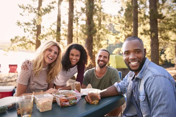 Retrato Pareja Con Amigos Acampando Junto Lago Bosque —  Fotos de Stock