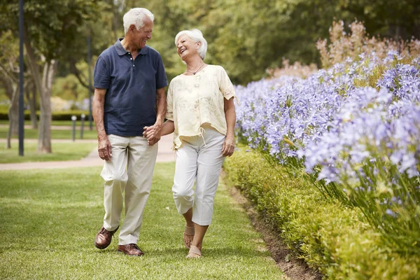 Äldre Par Hålla Händerna Romantisk Promenad Parken Tillsammans — Stockfoto