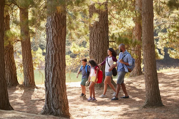 Família Caminhadas Aventura Através Bosques Por Lago — Fotografia de Stock