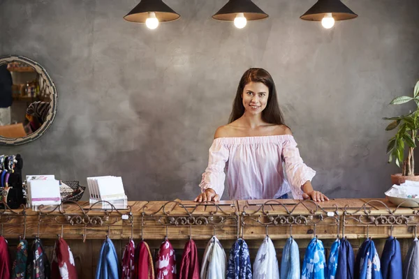 Portrait Female Store Owner Standing Cash Desk — Stock Photo, Image