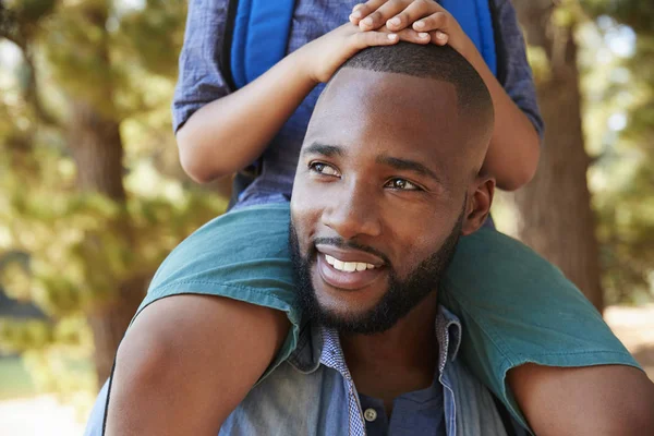 Father Walking In Woods Carrying Son On Shoulders